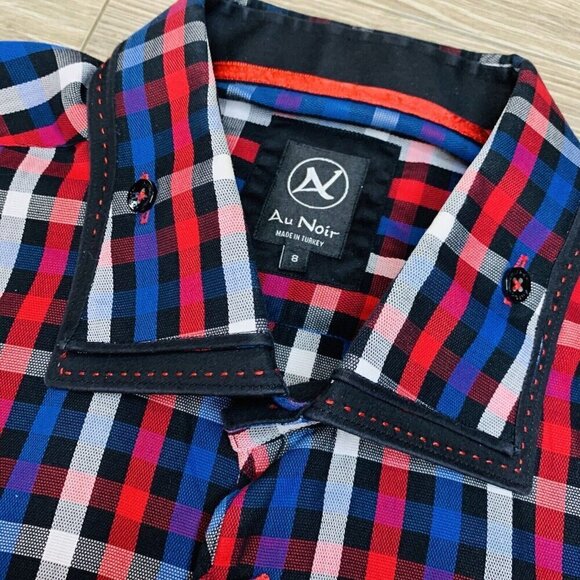 Au Noir Mens Button Down Shirt Sz 8 4XL plaid RedBlue Long Sleeve Cufflink Shirt - Picture 5 of 15